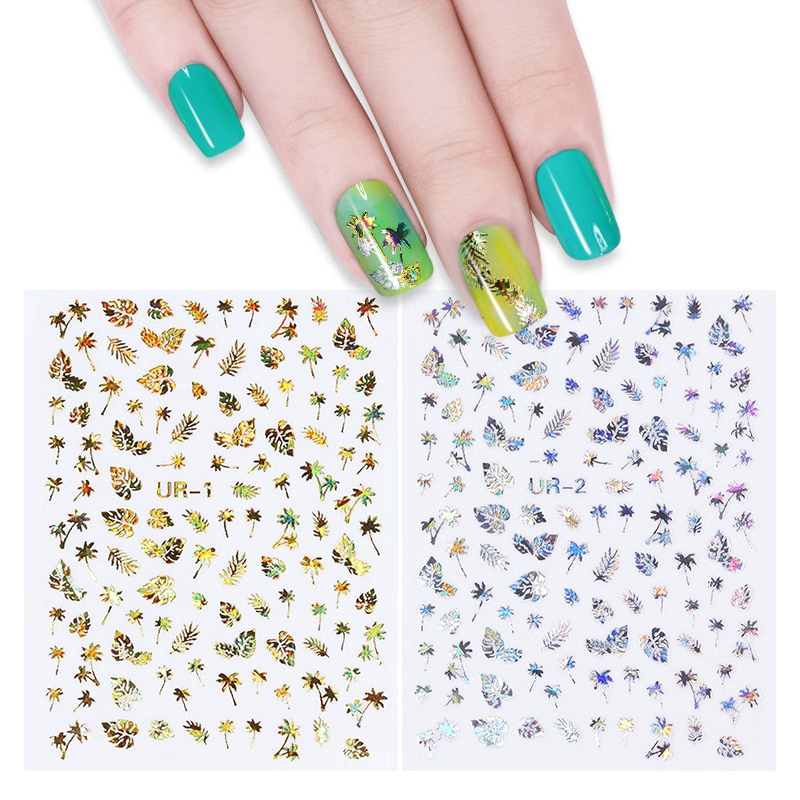 1 Sheet Gold Silver 3D Nail Sticker Leaf Coconut Tree Holographic Shiny DIY Nail Art Adhesive Transfer Sticker Decors