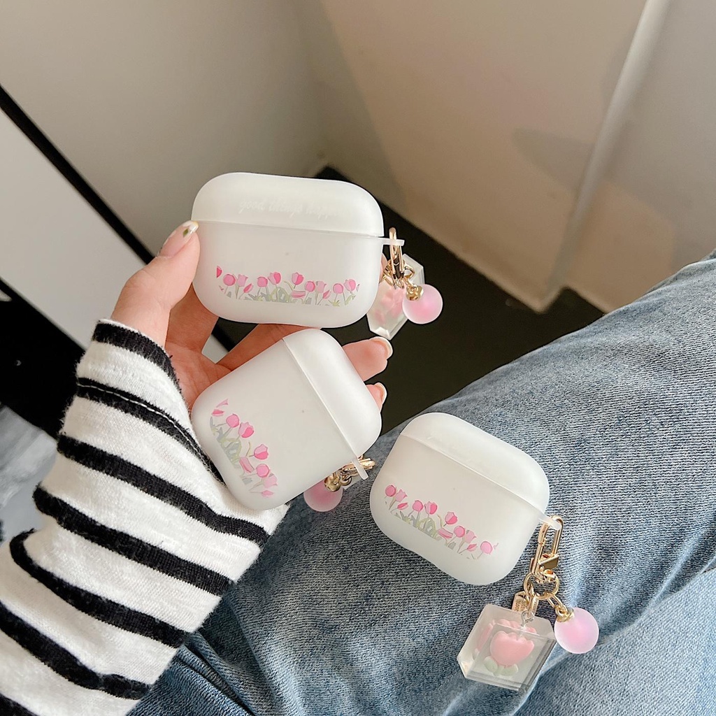 Vỏ Bảo Vệ Hộp Sạc Tai nghe không dây AirPods 1 2 pro 3 2021 gen3 Bằng Silicon Mặt Nhám Màu Hồng Họa Tiết Hoa Xinh Xắn