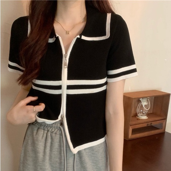 Áo thun ZHELIHANGFEI polo dệt kim ngắn tay phối khóa kéo thời trang