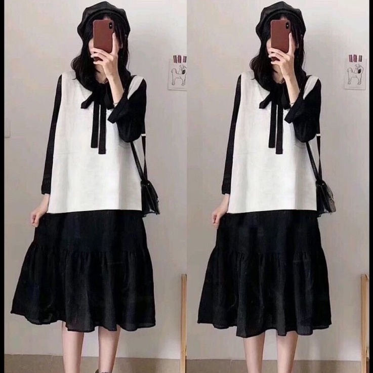 Đầm Babydoll Nữ Nơ Ngực 🦋 Váy Nữ Tay Bồng Dáng Suông 2 Màu 🦋 | BigBuy360 - bigbuy360.vn