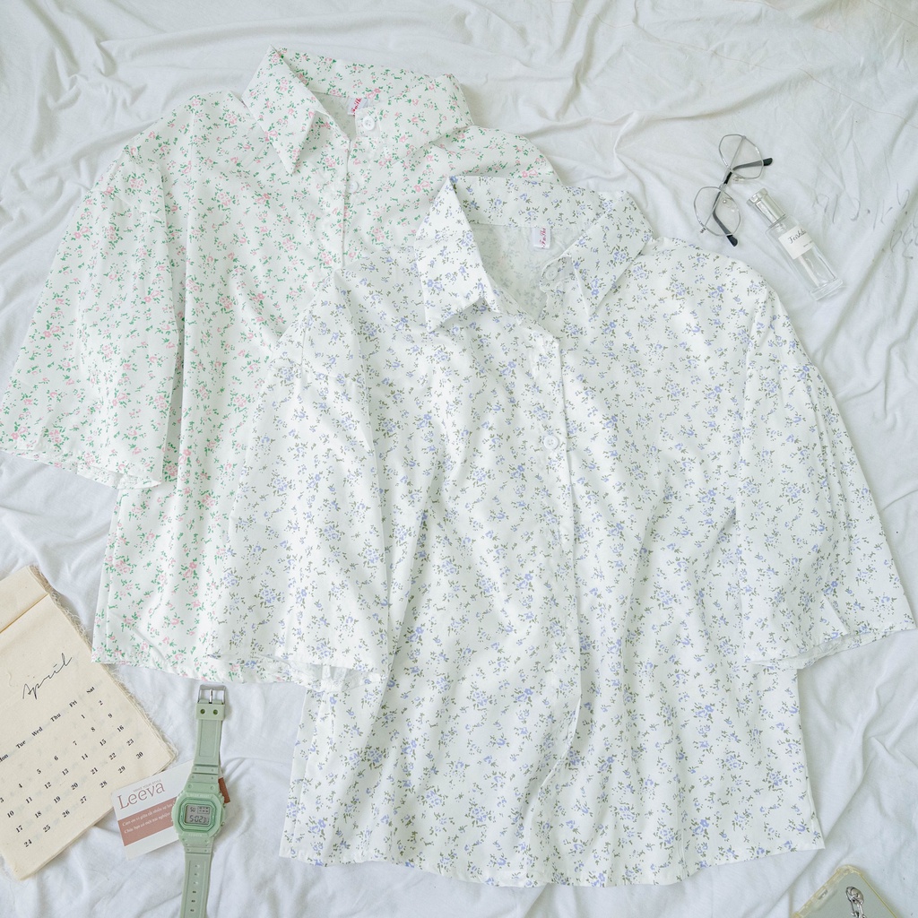 LEEVA - Áo sơ mi nữ tay ngắn phối họa tiết hoa nhí phong cách nhẹ nhàng A251