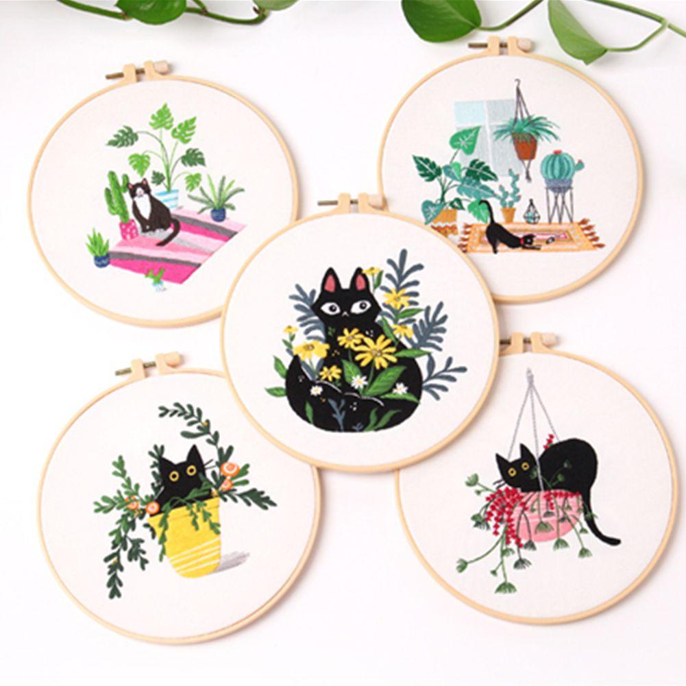 LEISURE Bộ Dụng Cụ Thêu Hoa Cỏ Thủ Công Hình Tròn Màu Đen Cho Người Mới Bắt Đầu