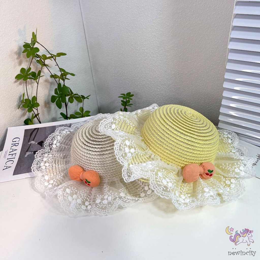Nón Cói Vành Rộng Phối Ren Thoáng Khí Đính Nơ Họa Tiết Quả Cherry Phong Cách Hàn Quốc Cho Bé Gái