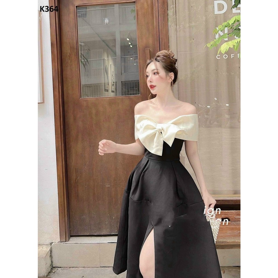 Đầm xoè trễ vai phối nơ ngực xẻ tà tapta cực hot