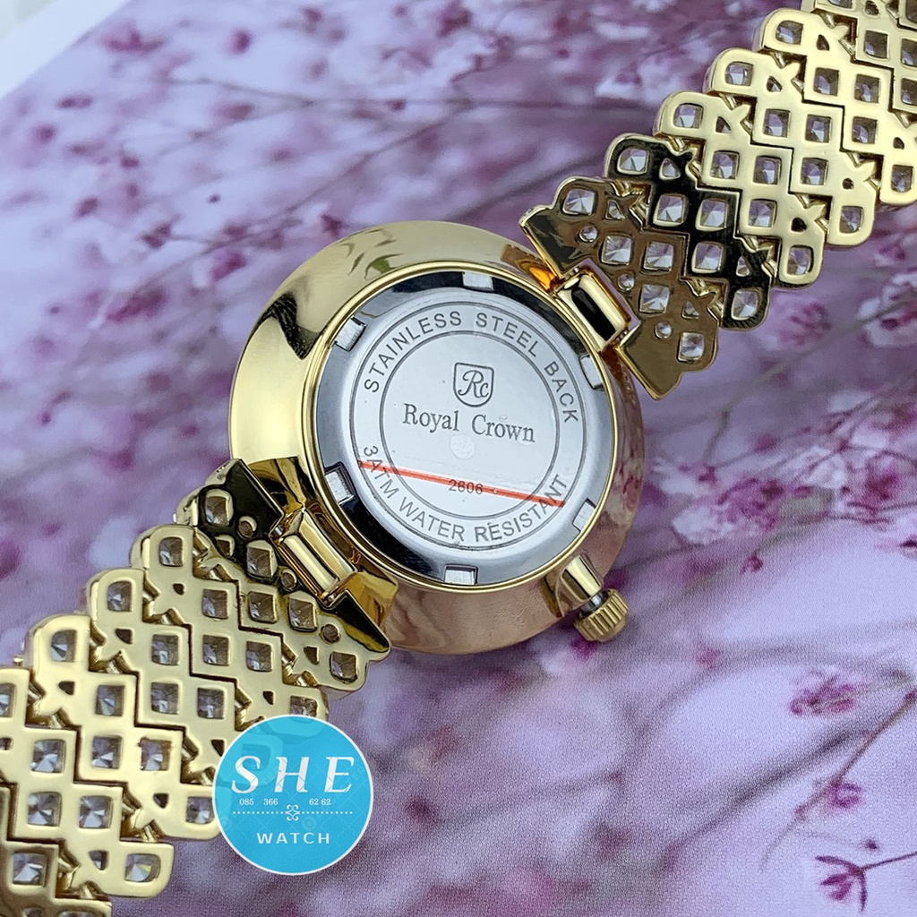 [BẢO HÀNH 24 THÁNG-FULL BOX] Đồng hồ nữ ROYAL CROWN Đồng hồ pin viền vàng dây lớn đính FULL đá size 32mm SANG TRỌNG QUÝ | BigBuy360 - bigbuy360.vn