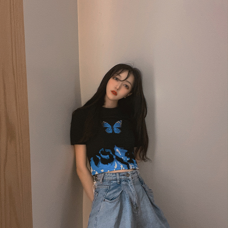 BUTTERFLY Áo Croptop Tay Ngắn Hoạ Tiết Bướm Phong Cách Vintage