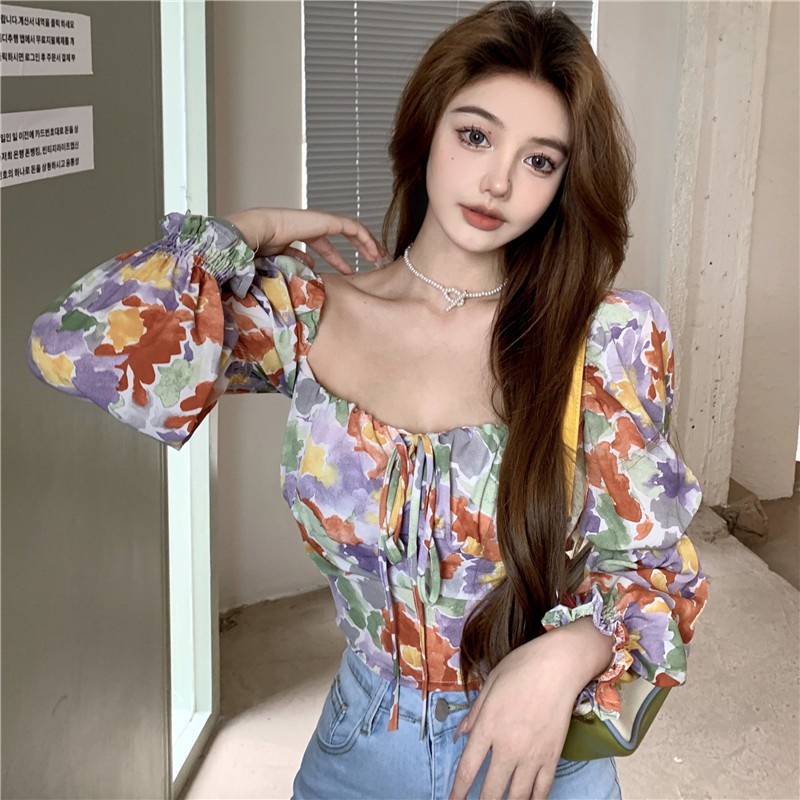 Áo Kiểu chiffon Tay Dài Phồng Cổ Vuông In Hoa Thời Trang Mùa Xuân Cho Nữ