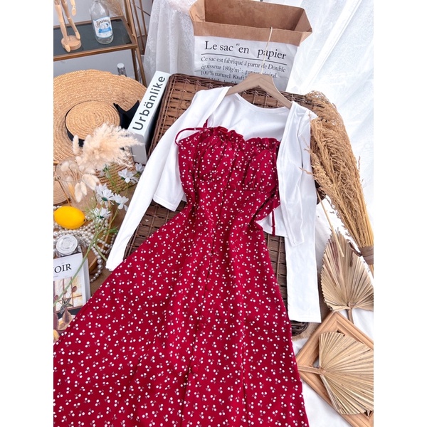 Đầm hoa nhí đỏ kèm áo khoác Cardigan | BigBuy360 - bigbuy360.vn