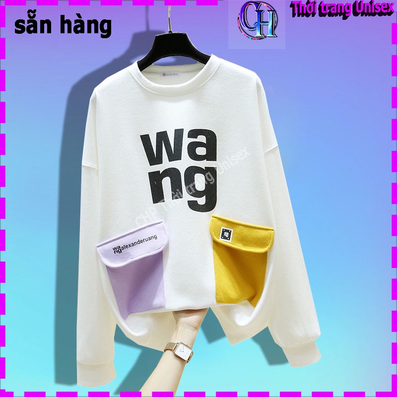 Áo nỉ cổ tròn tay dài dáng rộng in chữ WANG phối 2 túi trước phong cách thời trang dành cho nữ có nhiều màu để lựa chọn