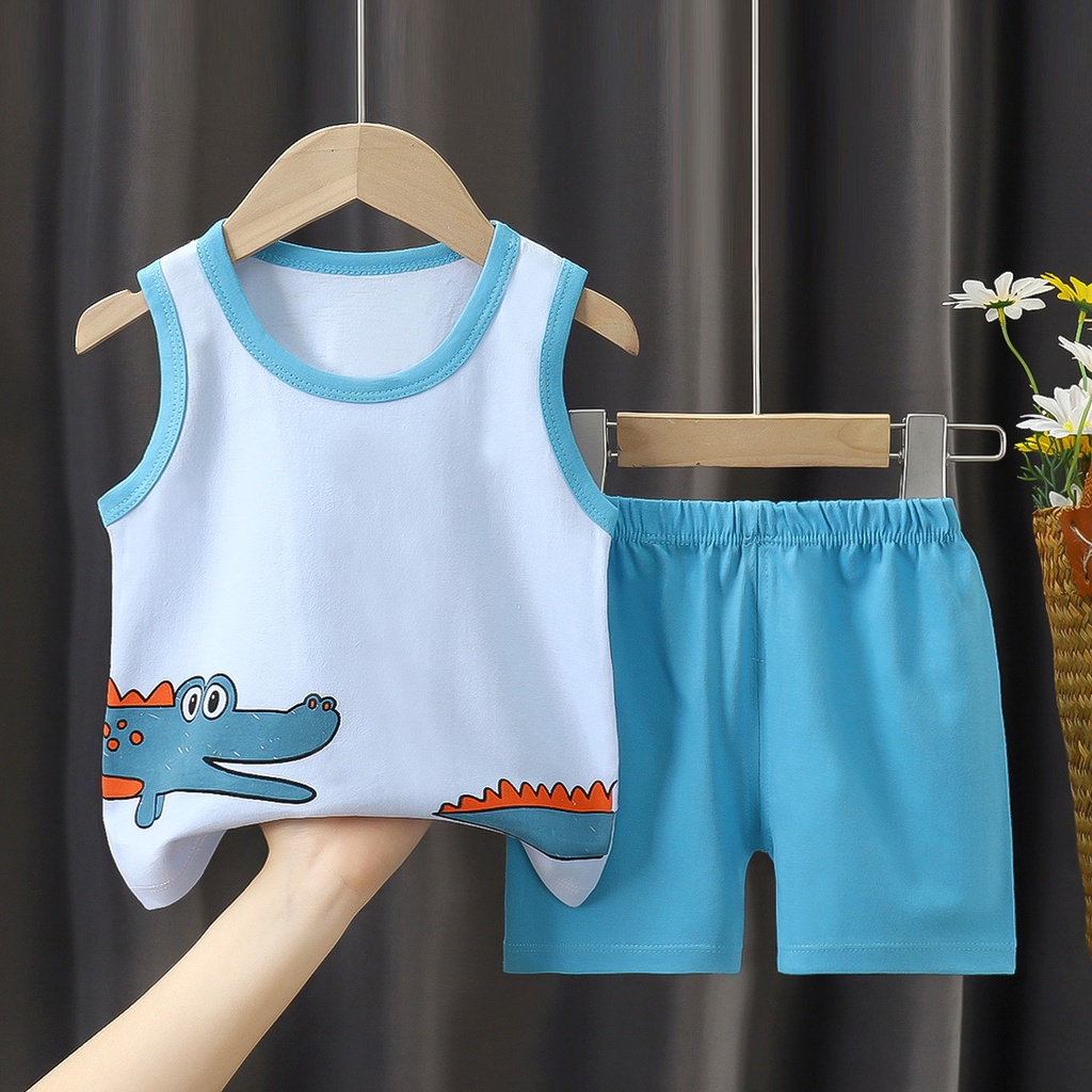 Bộ Đồ 2 Món Áo Dệt Kim Không Tay Quần Ngắn Vải Cotton Thấm Hút Mồ Hôi In Hoạt Hình Dành Cho Bé Trai Gái