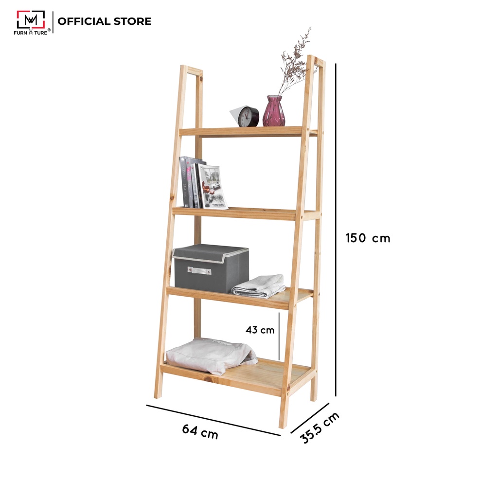 Kệ sách gỗ đa năng lắp ráp 4 tầng màu gỗ thương hiệu MW FURNITURE - Nội thất trang trí
