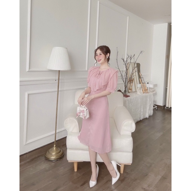 Đầm tiểu thư voan tơ nhẹ nhàng, bánh bèo, nữ tính cổ bèo may 2 lớp