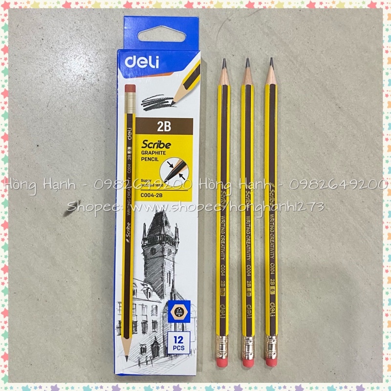 Hộp 12 cái bút chì deli sọc vàng có đầu tẩy C005-2B và chì deli hình (HÌNH THẬT SHOP TỰ CHỤP )
