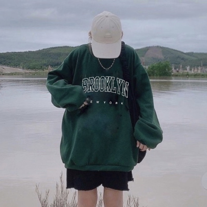 Áo Sweater chữ Ngực Màu xanh, Áo Nỉ Nữ BROOKLYN Cổ Tròn Form Rộng Tay Phồng Siêu xinh | BigBuy360 - bigbuy360.vn