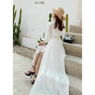 ĐẦM VÁY MAXI TRẮNG CHÉO TÀ DÀI CỔ V CỘT EO DU LỊCH SỐNG ẢO CHUẨN XINH ĐẸP DỰ TIỆC NỔI BẬT THANH LỊCH SANG TRỌNG+Ảnh thật
