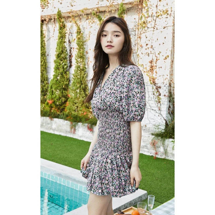 Vero Moda Đầm Nữ In Hoa Tay Phồng Cổ Chữ V Nhún Eo Elastci 32126Z020