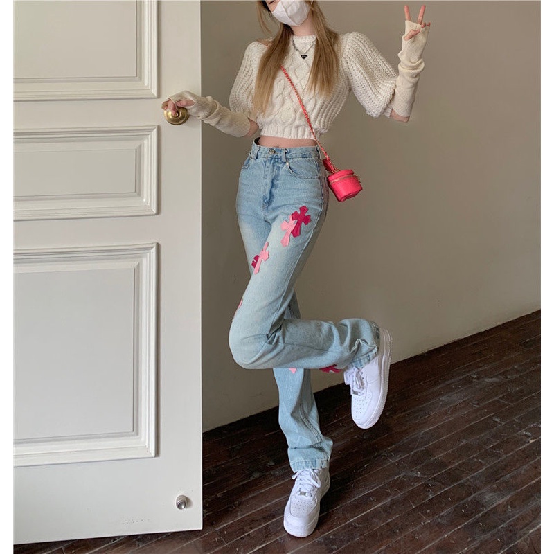 Quần jean dài ống rộng suông lưng cao phong cách xuân hè thời trang cho nữ