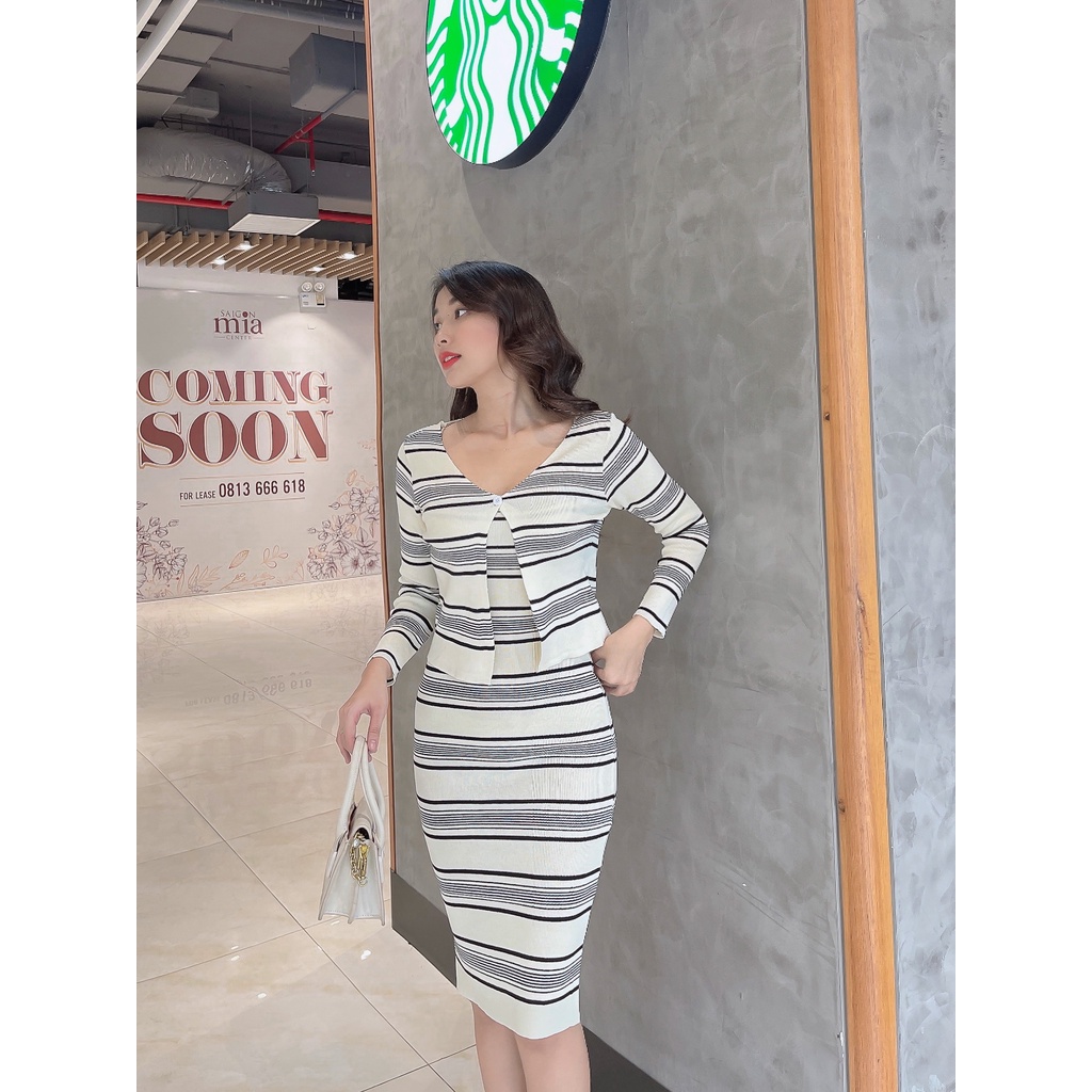 Set Áo khoác + Đầm 2 dây trẻ trung chỉ mịn cao cấp Paola DS01