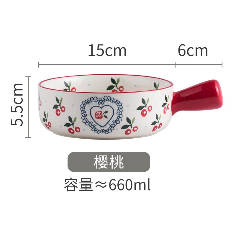 Tô sứ Cherry dáng chảo tròn có tay cầm phong cách Bắc Âu, bát đĩa Cherry hoa hồng