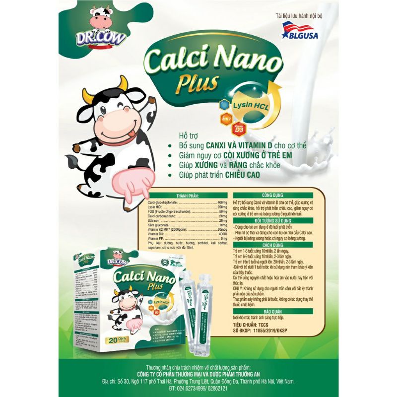 Siro Canxi Nano K2 cho bé bổ sung Vitamin D3 K2 MK7 - DR.COW CALCI NANO PLUS - Canxi nano Mk7 Hộp 20 ống