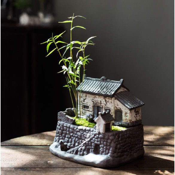 Nhà cổ trồng cây mẫu số 6 ( chưa bao gồm thực vật) trang trí tiểu cảnh để bàn bonsai mini-  Chất liệu gốm tử sa