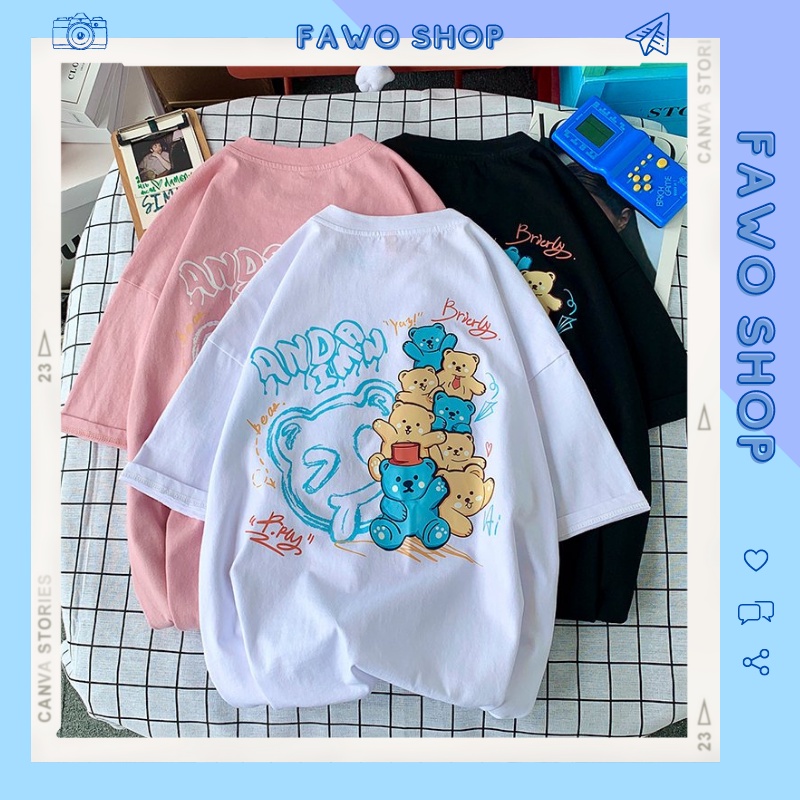 Áo thun Unisex form rộng tay lỡ, Áo phông nam nữ cotton thấm hút, dày dặn mềm mịn họa tiết ANDA BEAR