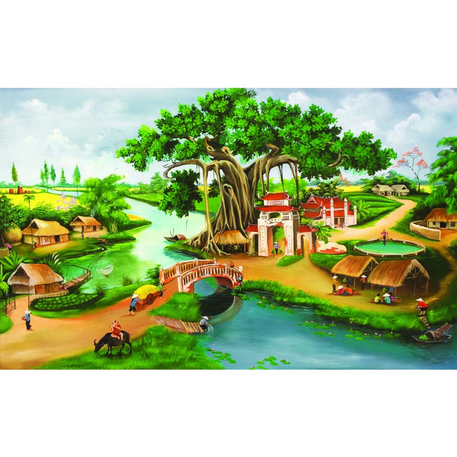 Tranh Làng Quê Việt Nam Thời Xa Xưa nhiều kích thước, làm theo yêu cầu, không giời hạn kích thước