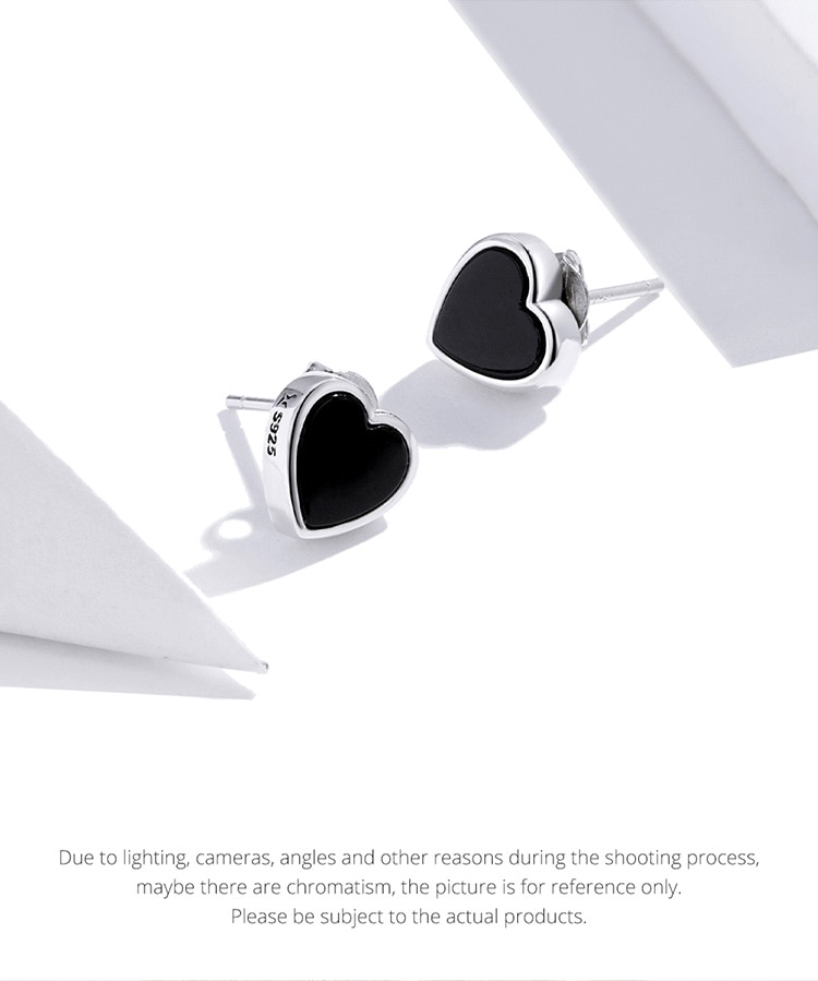 Khuyên Tai Xỏ Lỗ Bamoer SCE915 bằng bạc 925 Đính Đá Mã Não Hình Trái Tim Màu Đen Cá Tính Cho Nam/Nữ