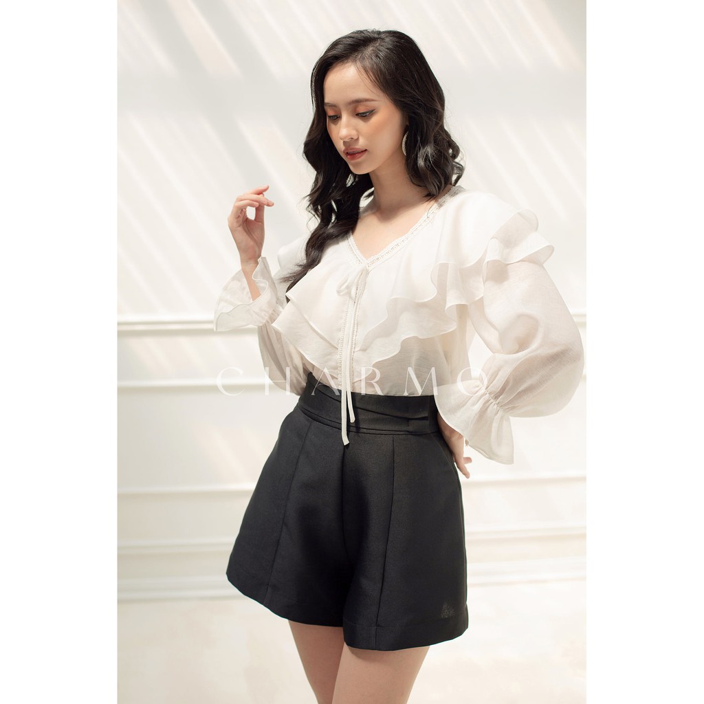 Áo kiểu cổ tim CHARMO vải tơ xước von sang trọng freesize Lily Blouse