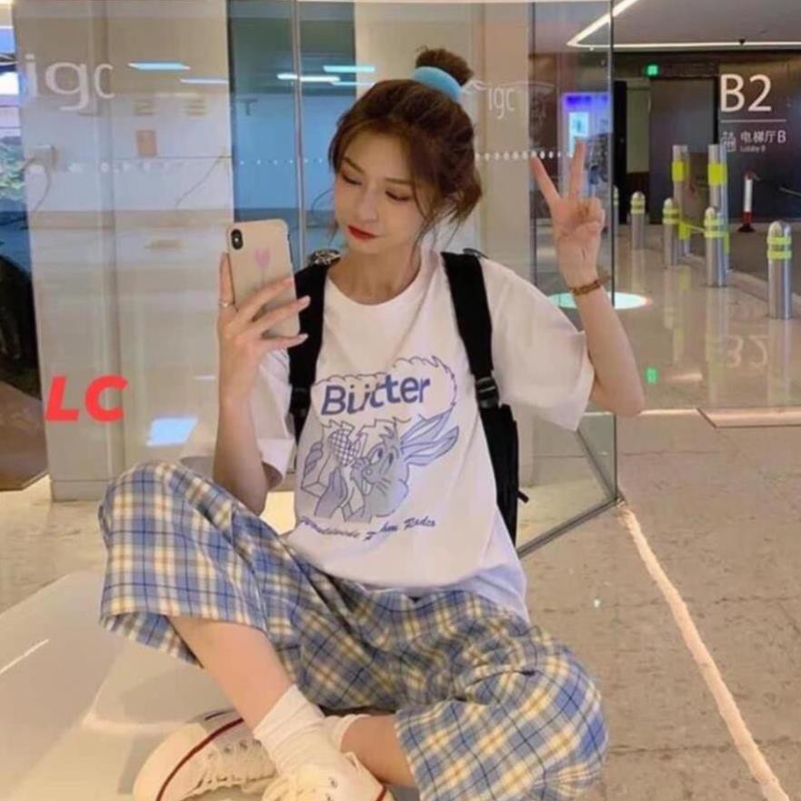 Set Quần Culottes & Áo Thun Butter ❤️ Bộ quần cạp chun ống suông kẻ caro và áo thun Ulzzang form rộng ❤️ ⚡ *