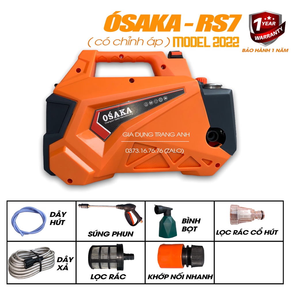 Máy rửa xe Osaka Rs7 3000W lõi đồng , dây xịt 15m, bảo hành 12 tháng