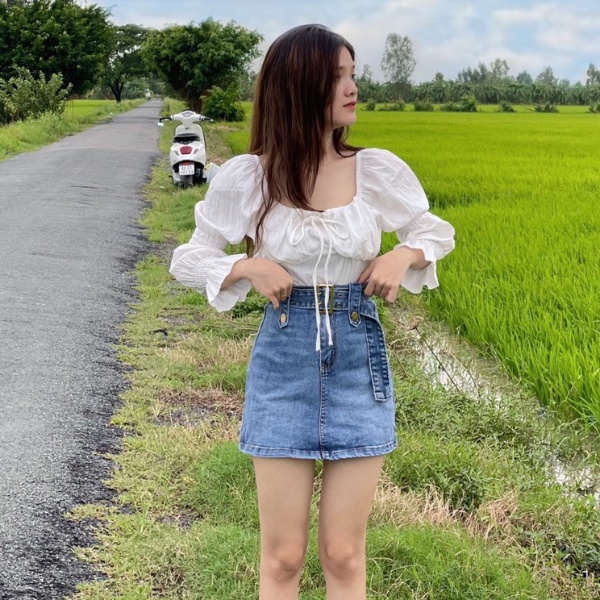 Áo kiểu tay dài cổ vuông cột nơ, áo trễ vai tay bồng ,áo bánh bèo babydoll chất đũi mềm siêu xinh PLA39