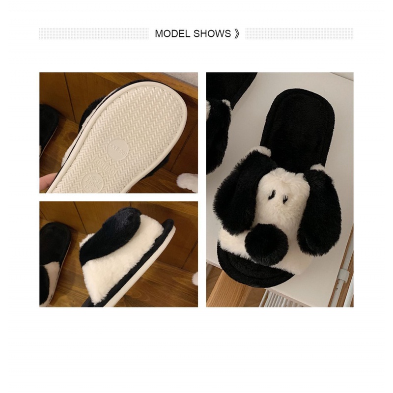 Dép Bông Đi Trong Nhà Giữ Ấm Hình Cún Con Màu Trắng Đen Dễ Thương Cho Cặp Đôi