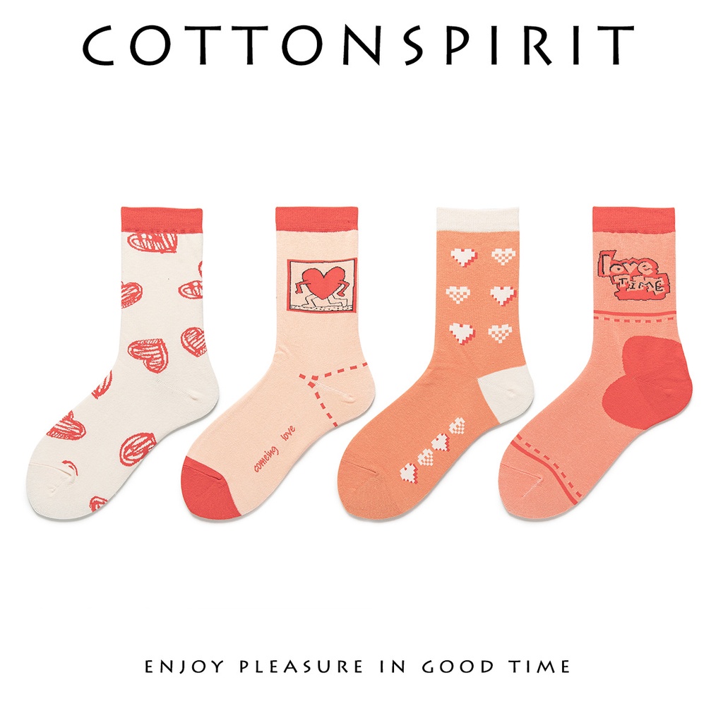 Vớ cổ cao nữ dễ thương Hàn Quốc Tất dài cao cổ Cute nữ Cotton Cao cấp In hình Trái tim