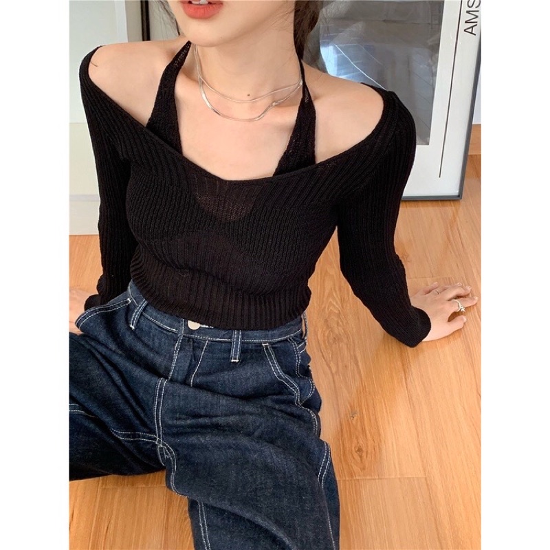 Áo crop top len dệt kim hở vai dáng ngắn tay dài co giãn trễ vai cổ ngang chữ V đan dây áo croptop len tăm ôm body crt | BigBuy360 - bigbuy360.vn