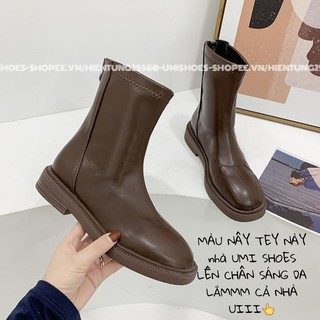 Boot ulzzang ZIP cổ cao da mềm mũi tròn khóa đế trấu đơn giản màu đen/nâu đi chơi đi học đẹp xinh bền hot mới cá tính