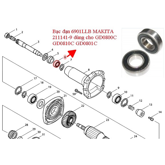 Bạc đạn 6901LLB MAKITA 211141-9 dùng cho GD0800C GD0801C GD0810C
