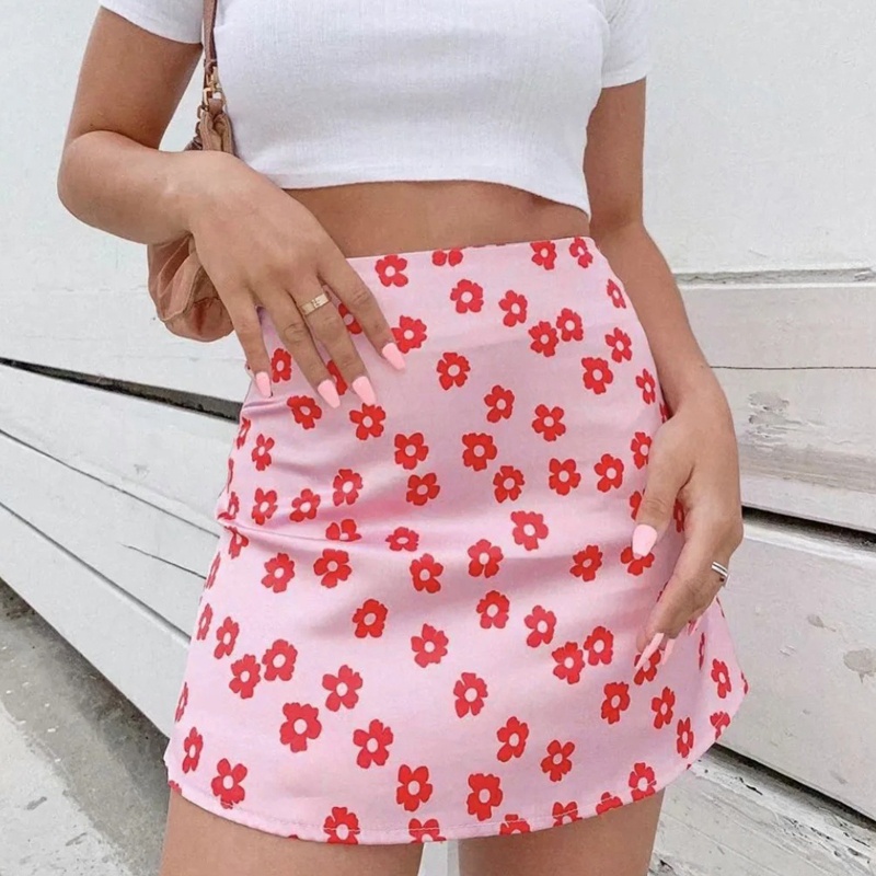 Chân Váy Chữ A Vải Satin Lưng Cao Họa Tiết Hoa Phong Cách Boho