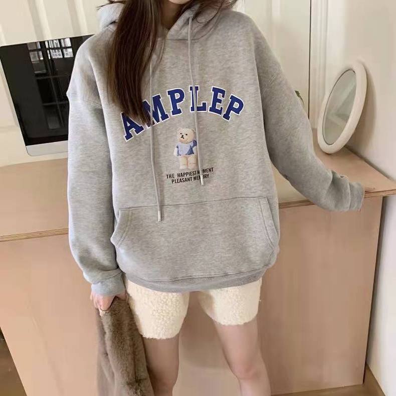 Áo hoodie ZHELIHANGFEI dáng rộng họa tiết chữ và gấu thời trang cá tính dành cho nữ