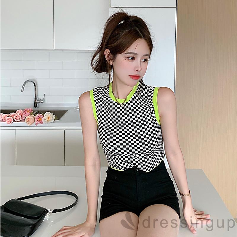 Áo croptop không tay cổ tròn họa tiết kẻ ô dành cho nữ