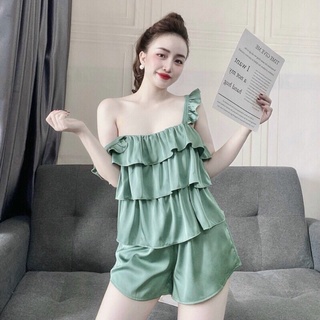 Đồ bộ nữ,đồ ngủ nữ 2 dây cánh tiên xếp bèo tầng chất lụa satin,đồ bộ mặc nhà cao cấp free size<58kg