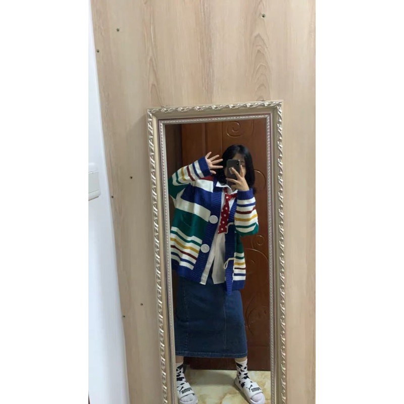 Áo khoác cardigan len đan mềm mịn kẻ ngang sặc sỡ màu form rộng