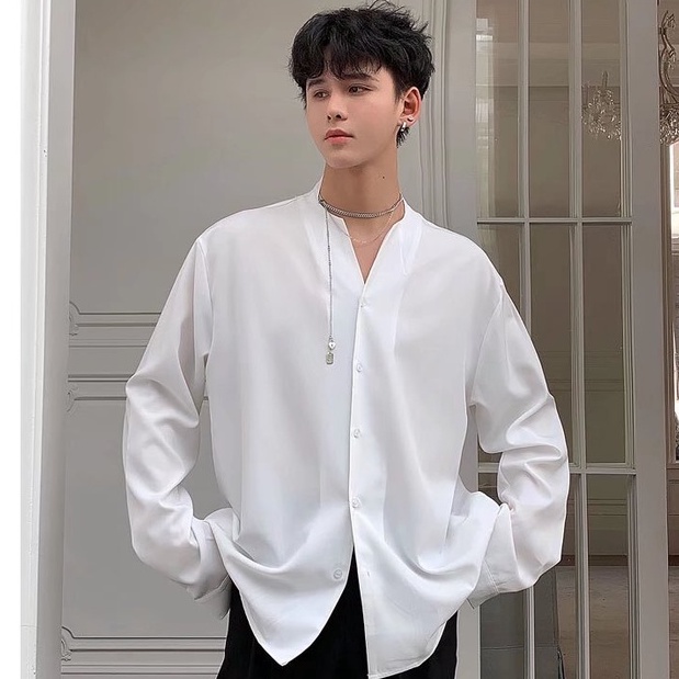 Áo Sơ Mi Lụa Dài Tay Màu Trắng Đen Phong Cách Hàn Quốc Cho Nam