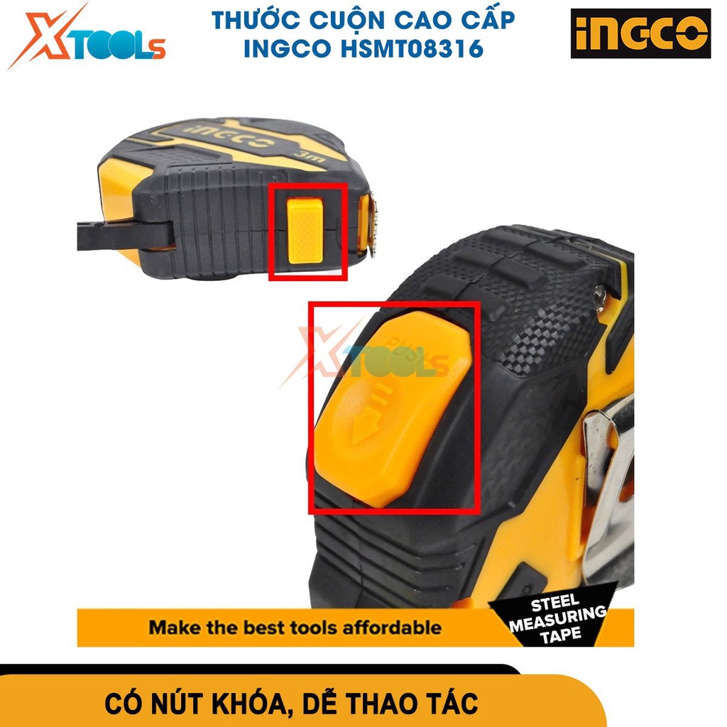 Thước cuộn thép nền vàng cao cấp INGCO size 3mx16mm hoặc 5mx19mm, thước dây cuộn tự động [CHÍNH HÃNG][XTOOLS]