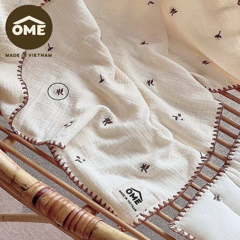 OME - Set Chăn Gối xô Muslin cao cấp 4 lớp Thêu Họa Tiết Mềm Mại, Thấm Hút, Thoáng Khí