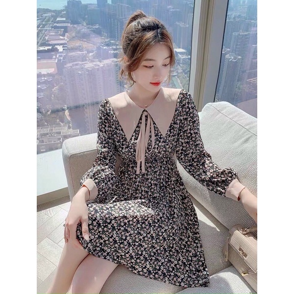 đầm bông lụa tay dài cổ bẻ chữ V cột dây
