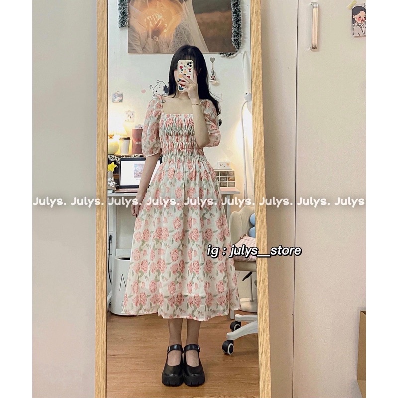 [NEW/SẴN] VÁY ĐẦM HOA HỒNG CHUN NGỰC TAY BỔNG MẶC 2 KIỂU “MYLI DRESS” TRỄ VAI TIỂU THƯ