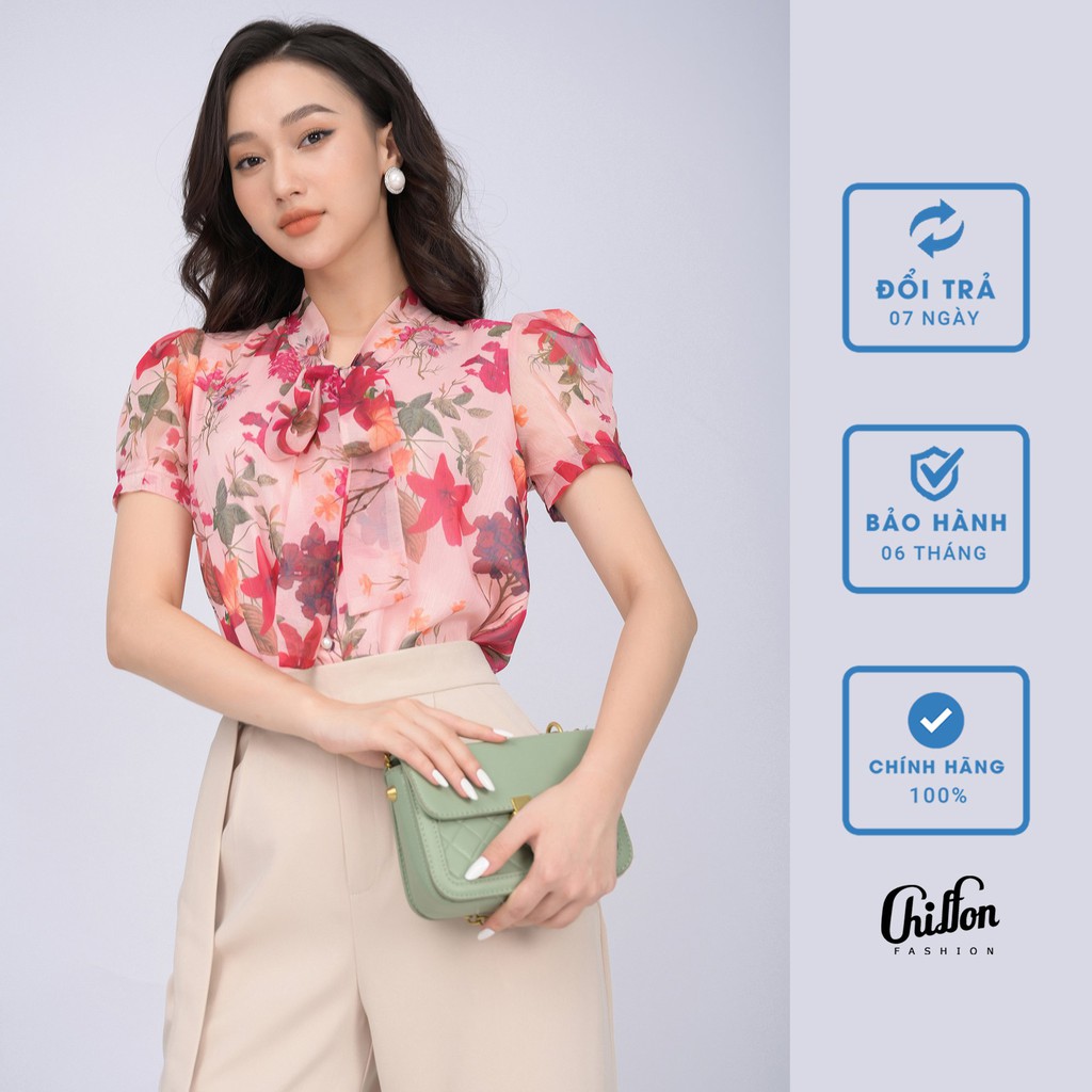 Áo sơ mi nữ công sở cộc tay cổ buộc nơ. Áo nữ thiết kế cao cấp Chiffon. Sơ mi nữ đẹp