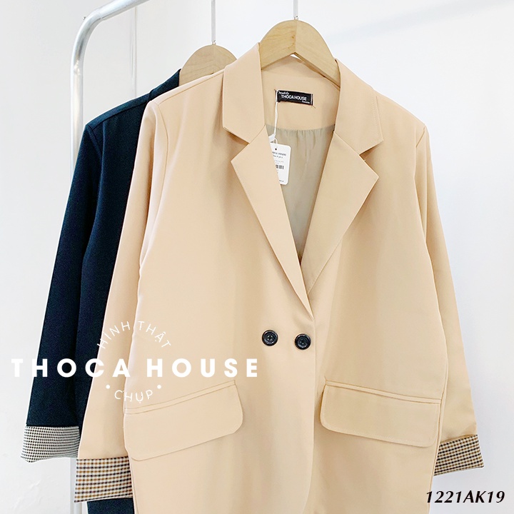 Áo blazer khoác vest 2 lớp dày dặn trơn kiểu tay áo caro THOCA HOUSE đen, nude thanh lịch