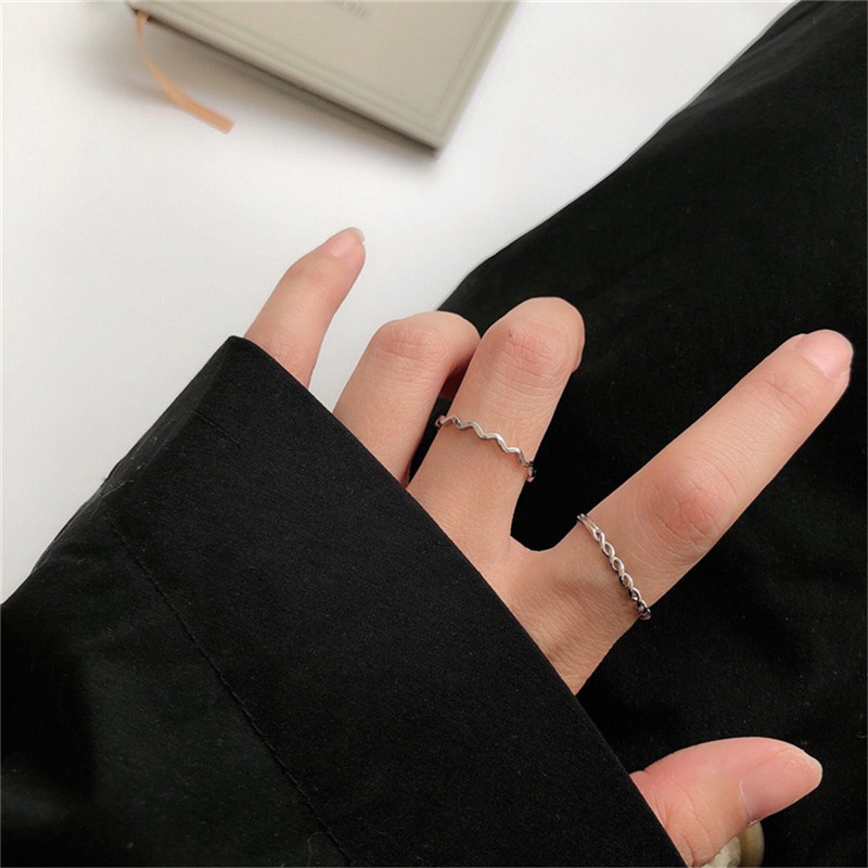Set 2 Nhẫn Bạc Dạng Hở Gợn Sóng Đơn Giản Điều Chỉnh Được Thời Trang Cho Nữ